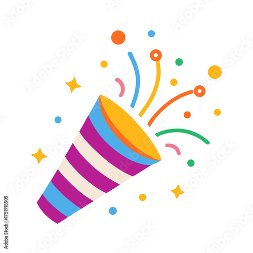 Colorful confetti explosion from striped party popper with festive sparkles and joyful celebration vibe vector on white background.