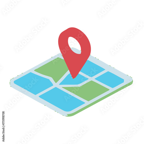 Red map marker pin icon placed on stylized isometric map with green and blue areas