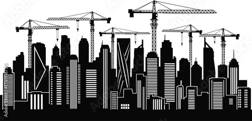City skyline silhouette with construction cranes, urban buildings, high-rise architecture, infrastructure development, metropolitan growth, modern cityscape, real estate expansion, vector illustration