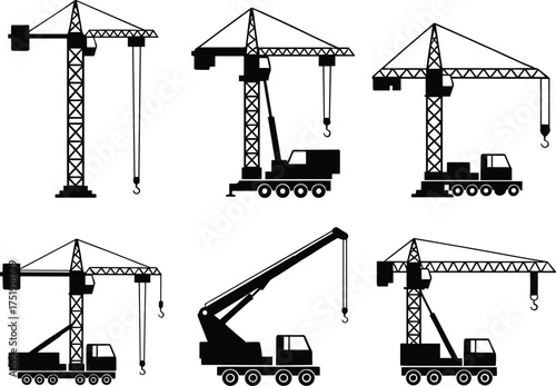 Construction crane silhouettes, tower crane, mobile crane, truck-mounted crane, heavy lifting equipment, industrial machinery, vector illustration, black silhouette, engineering tools