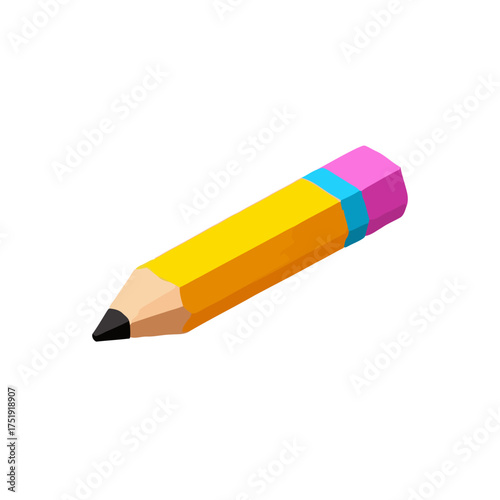 Vibrant yellow hexagonal pencil with pink eraser and blue band, sharpened to fine point, , perfect for drawing, writing, and creative tasks