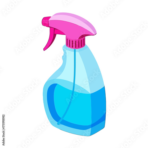 Spray bottle with pink trigger and blue liquid, , ideal for cleaning product or hygiene concepts