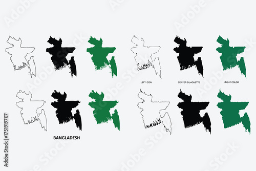 Map outlines and political divisions of bangladesh shown in different colors and styles