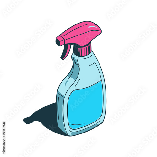 Cartoon spray bottle with pink nozzle and blue liquid, casting shadow on transparent
