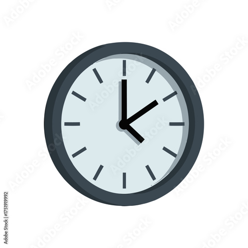 Closeup classic analog wall clock with dark gray frame and face, showing the time as approximately 1010