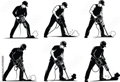 Construction worker operating jackhammer, industrial labor silhouette, safety gear, dust impact, heavy equipment usage, vector illustration for building, demolition, and repair themes