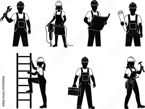 Construction worker silhouettes, industrial labor tools, safety gear, vector illustration for engineering, building site, maintenance, repair, infrastructure, and heavy equipment themes