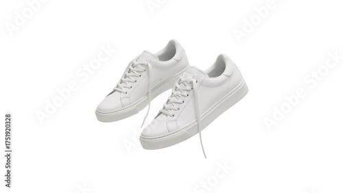 Pair of new white leather sneakers with untied shoelaces floating in the air. Isolated on transparent background, png
