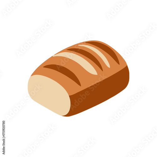 Freshly baked loaf bread with golden brown crust and visible scoring marks, presented in simple, appealing isometric view, , representing delicious food and baking