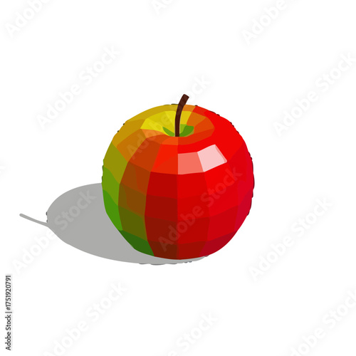 Geometric, lowpoly apple with vibrant red and green facets, casting soft shadow