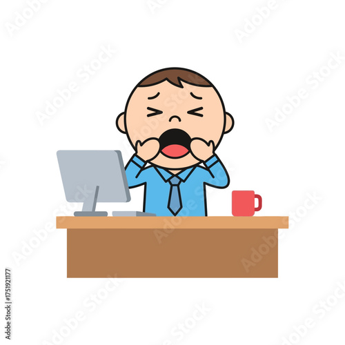Tired businessman yawning at desk in front of computer with coffee mug.