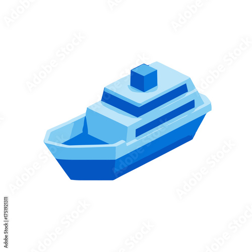 Stylized, lowpoly isometric blue and light blue cruise ship or ferry, , symbolizing travel, transportation, and maritime journeys