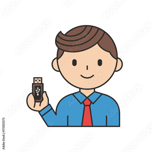 Cartoon businessman in a blue shirt holding a USB flash drive.