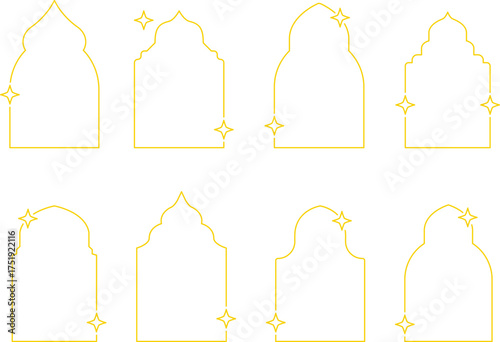 Frame with stars set border, gold frame with sparkle stars, arches border icon, festive effect decoration sign, trendy geometric template. New year christmas background 2026. Vector or PNG