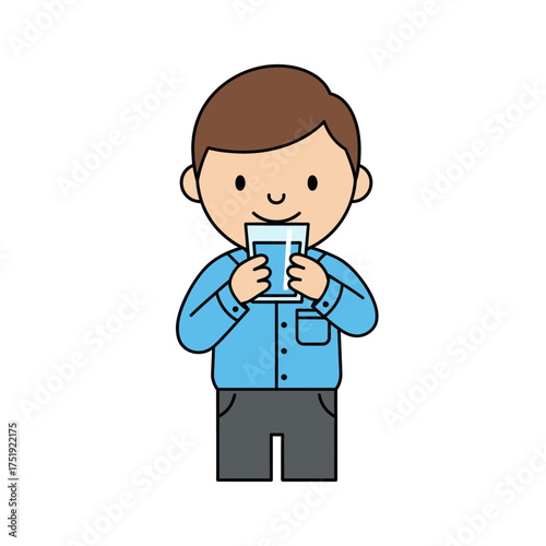 Cartoon Boy Drinking Water from a Glass.