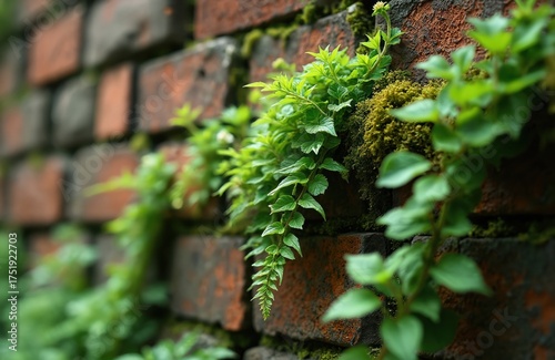 Green leaves and moss grow on an old brick wall. This natural scene shows plant life reclaiming weathered building materials. Tiny ferns and vines spread over aged red bricks.