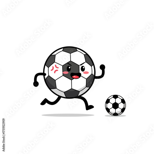 Cartoon soccer ball character running with a smaller ball.