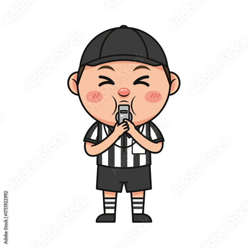 Cartoon referee blowing whistle in black and white striped uniform.