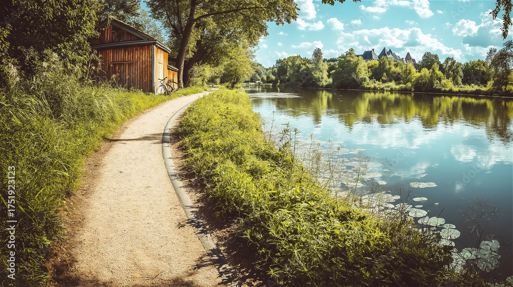 Fototapeta premium Country road curves alongside a peaceful river, surrounded by green trees and cottages. Serene rural path evokes nature retreat and tranquility, with scenic balance and depth.