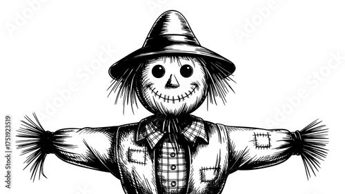 Black and white hand drawn scarecrow wearing a hat and plaid shirt, vintage engraving artwork perfect for autumn, harvest, and Halloween themes.