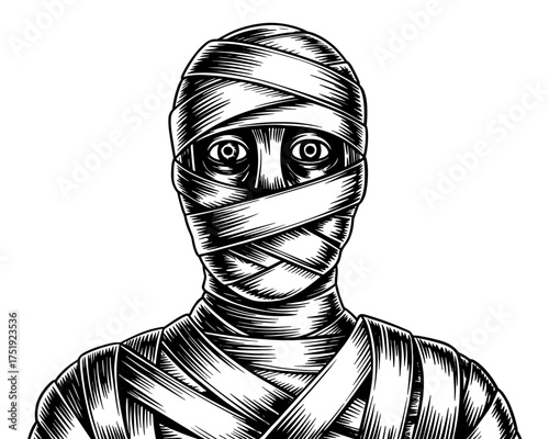 Black and white hand drawn illustration of a mummy wrapped in bandages, vintage horror design perfect for Halloween and spooky themes.