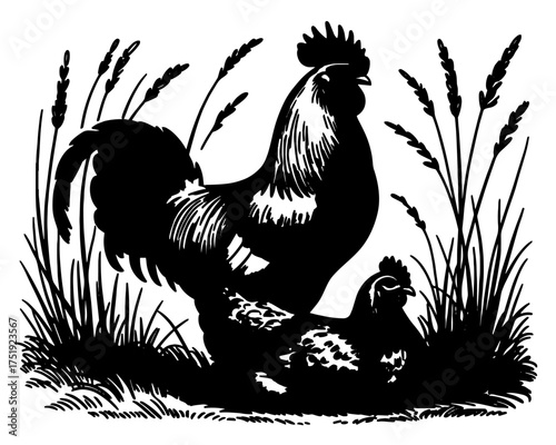 Detailed black and white vintage vector of a rooster and hen together on grass, symbolizing countryside farming, poultry, and rural lifestyle themes.