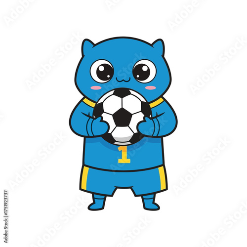Cute blue cartoon animal character holding a soccer ball.