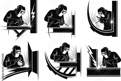 Welding worker silhouette, industrial safety gear, metalwork process, sparks effect, welder with helmet, construction labor, vector illustration for stock content