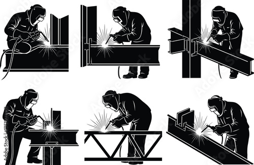 Welding worker silhouette, construction site illustration, metal fabrication vector, industrial labor concept, safety gear, torch welding, steel beam structure