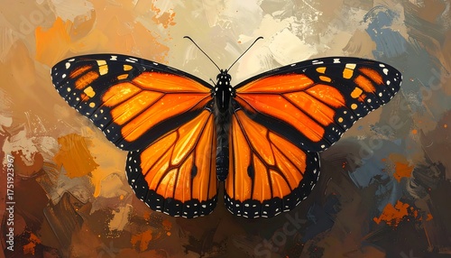 Vibrant orange butterfly with black veins on an abstract painted background
