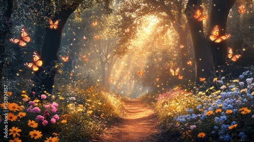 Magical forest path with butterflies, flowers, and sunlight. Ideal for nature, fantasy, or children's book illustration