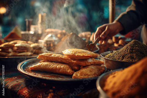 Briouats from street food stall - fresh Moroccan pastry triangles served from market vendor, vibrant Marrakech scene