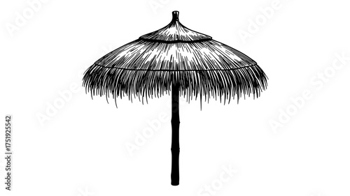 Hand-drawn black and white illustration of a tropical straw beach umbrella, symbolizing summer, relaxation, shade, and seaside vacation vibes.