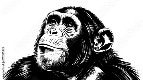 Detailed black and white vector drawing of a chimpanzee looking upward, symbolizing intelligence, wildlife, curiosity, and nature in artistic
