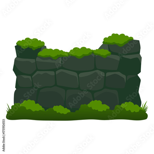 Rock stone masonry wall with moss vector on white background.