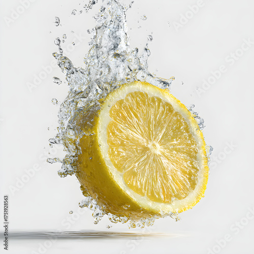 A vibrant lemon half splashing into clear water, creating a refreshing and dynamic citrus moment