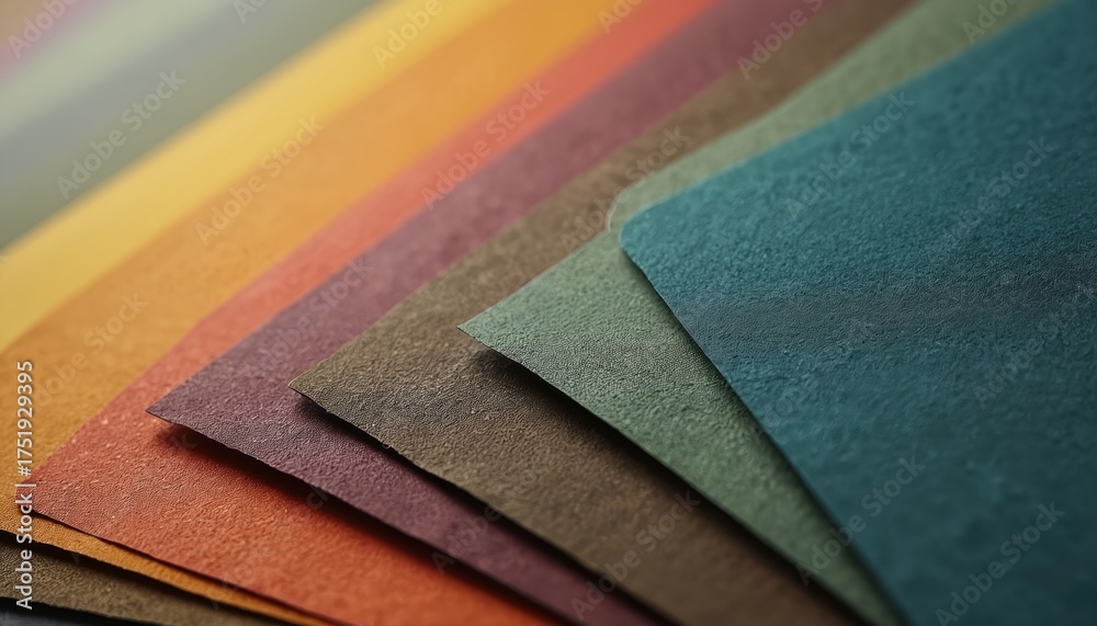 Fototapeta premium Collection of textured paper samples in warm and cool earthy tones. Swatches form a fan, fanned out with overlapping layers showing subtle grain.