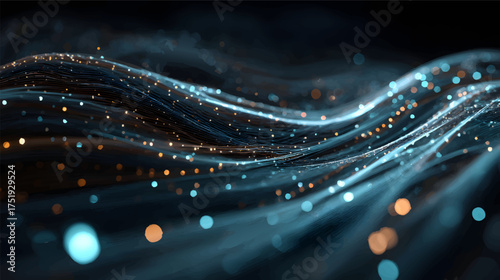 Futuristic vibrant abstract digital network background with radial burst of light and energy emanating. Blue, purple, and orange light beams radiate and glowing particles effects. 3D illustration