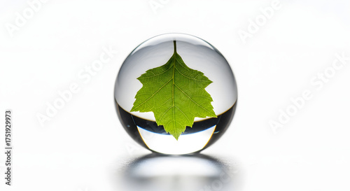 A vibrant green leaf captured within a clear glass sphere, symbolizing nature's delicate beauty and environmental preservation