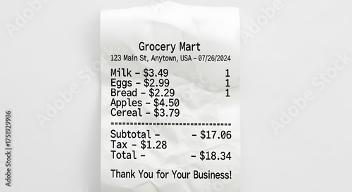 Grocery Mart Receipt with Itemized Purchases, Subtotal, Tax, and Total Cost