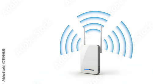 Wireless network extender broadcasting Wi-Fi signals in a clean white studio environment, symbolizing connectivity and amplified signal strength