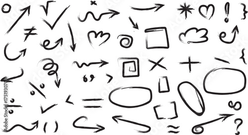 hand drawn rough pencil sketchy design element set