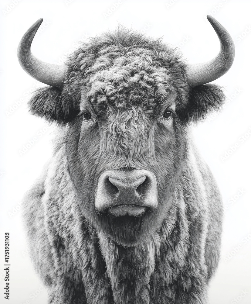 Naklejka premium A striking black and white portrait of a Scottish highland cow with prominent horns