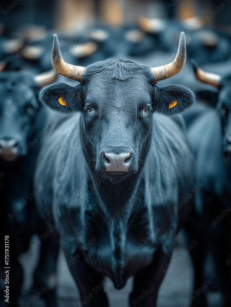 Naklejka premium Majestic black bulls with golden horns standing boldly in a herd during dusk camera shot