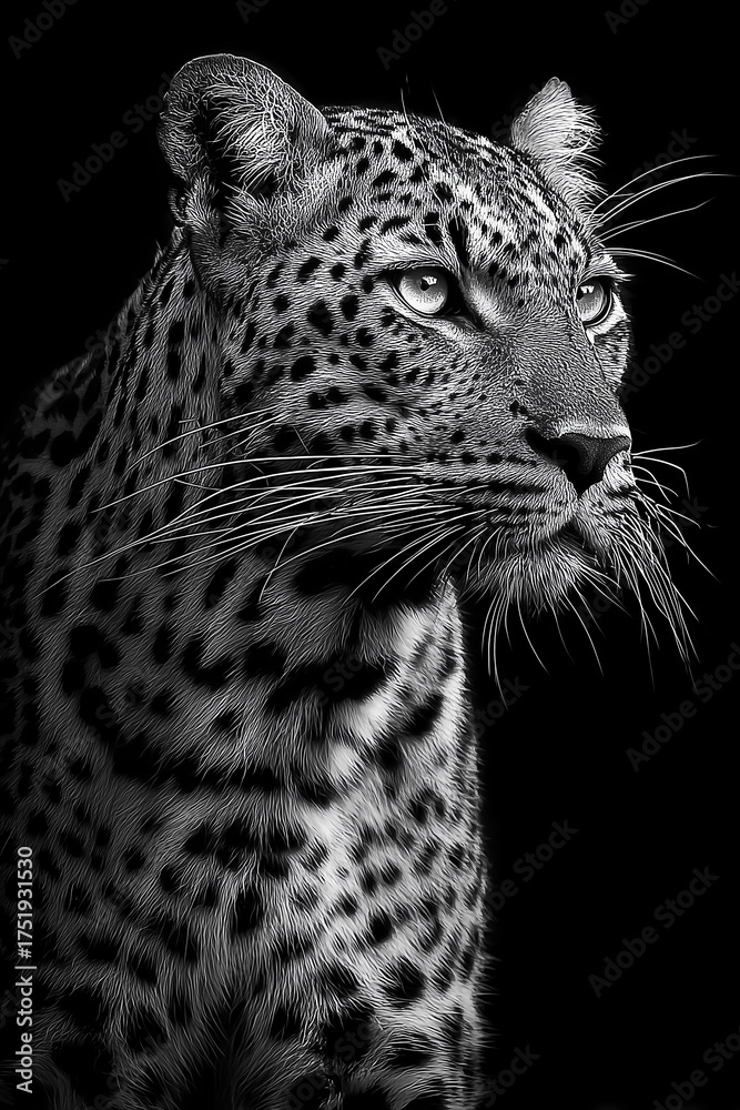 Obraz premium A captivating black and white portrait of a leopard staring intensely at the camera