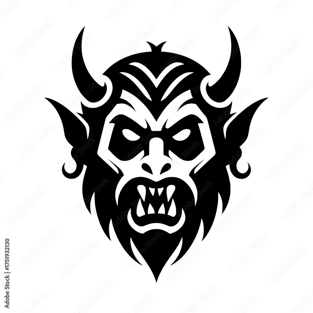Obraz premium Fierce black and white vector illustration of a monster, demon, or horned creature's face with a menacing expression. 