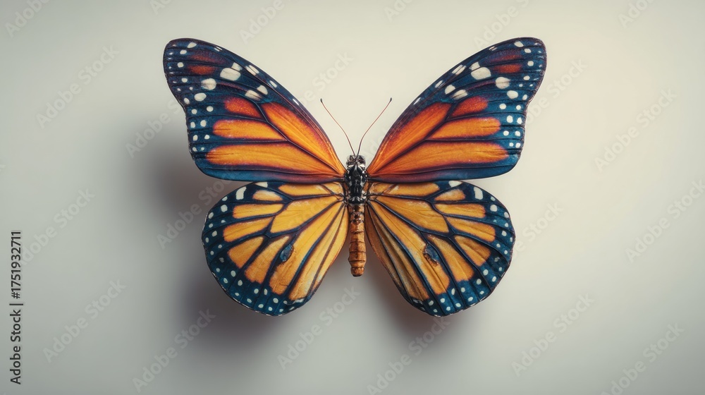 Obraz premium Butterfly with orange and yellow wings speckled with blue on a light background