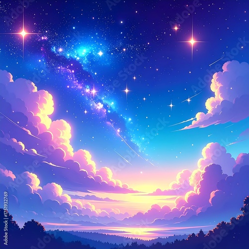 Vibrant sunset over a landscape with a colorful, star-filled night sky