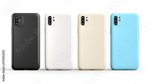 Four colorful smartphones with camera modules arranged in a clean studio setting, front view