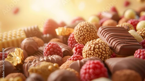 Decadent Assortment of Chocolates and Fresh Raspberries with Warm, Golden Backlighting.
